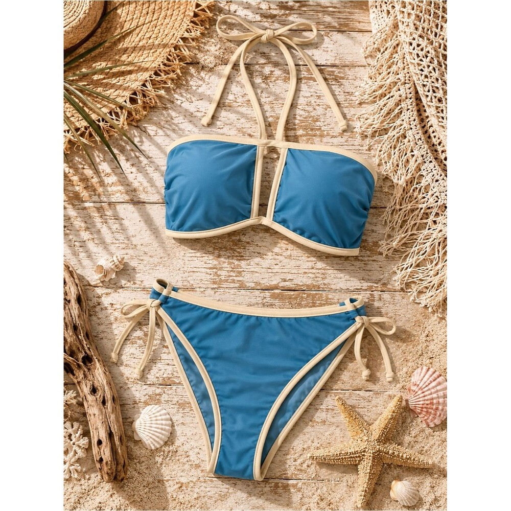 Women Bandeau Swim Bikini Top & Bottom Swimsuit Set Size Medium Blue White